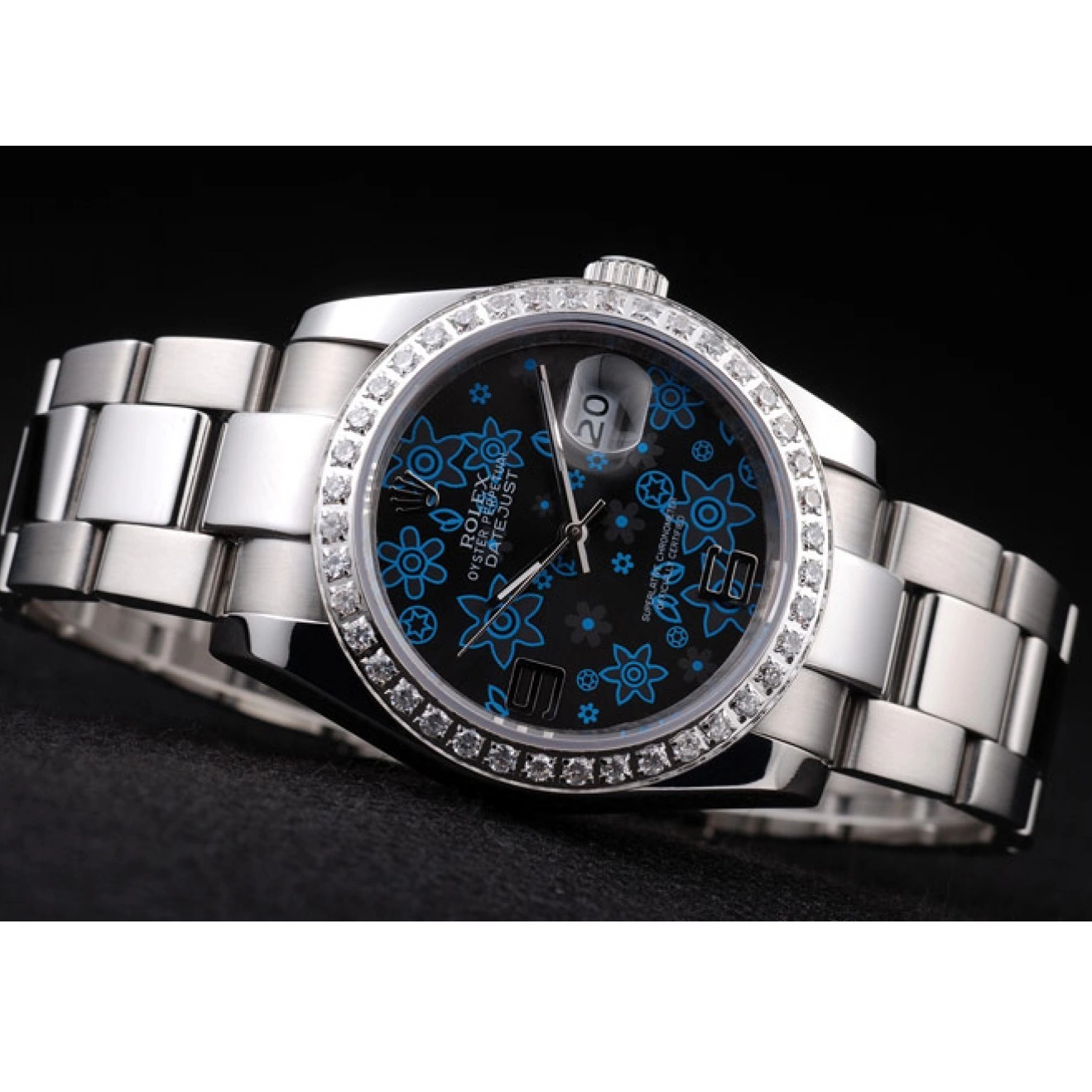 Rolex aaa copy Dark Rolex Polished Stainless Blue Dial Datejust Flowers Steel Diamond Plated 0731
